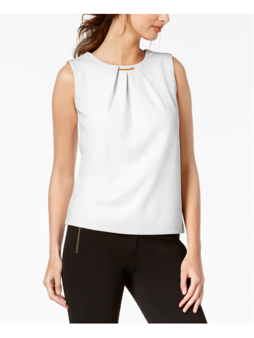 Calvin Klein Women's XL White Sleeveless Pleated Blouse w/ Gold Detail NWT
